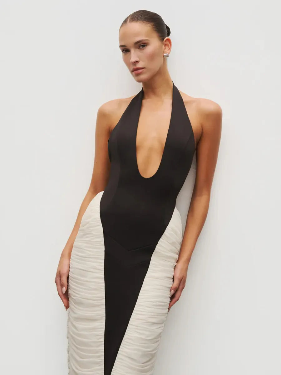 Mia Deep V-Neck Contrast Panel Evening Dress