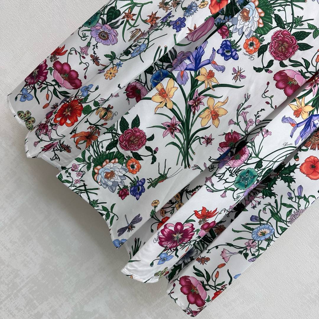GG SS26 Flora Printed Pleated Midi Skirt White Multicolor Silk 351787