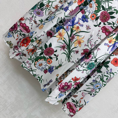 GG SS26 Flora Printed Pleated Midi Skirt White Multicolor Silk 351787