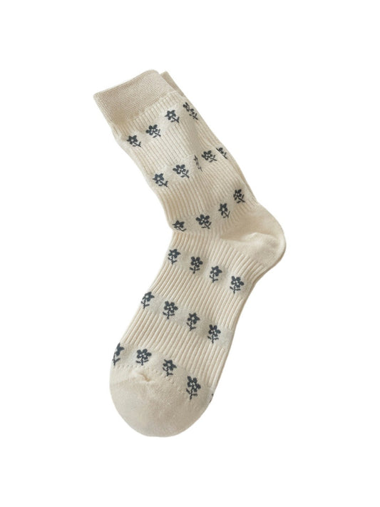 Rufia - Gray Floral Bow Mid-Calf Socks for Women