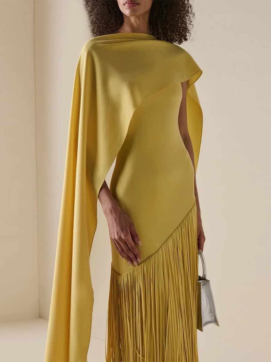 Ariana Solid Satin Tassel Maxi Dress With Cape