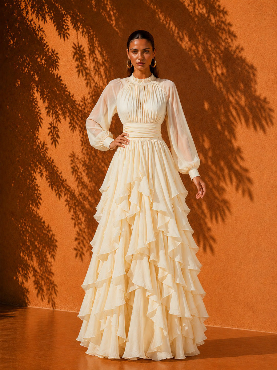 Isla Romantic Ruffled Tiered Maxi Dress In Yellow
