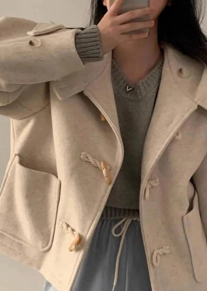 Woolen Hooded Coat with Horn Buttons and Pockets