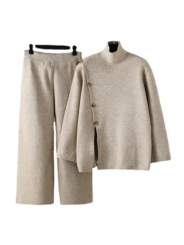 Urban Loose Buttoned Split-Front Solid Color High-Neck Sweater Tops &Wide Leg Pants Two Pieces Set