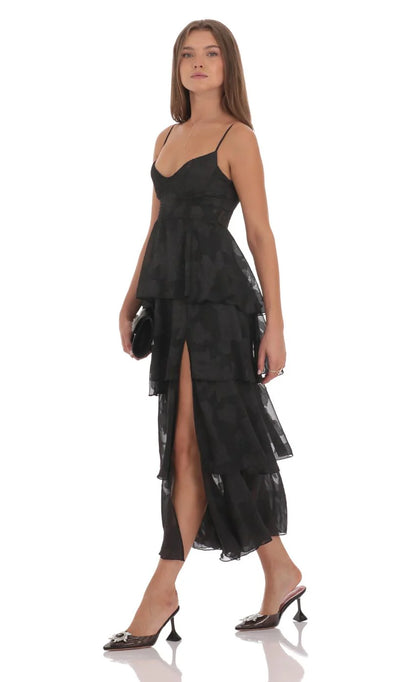 Floral Ruffle A-line Maxi Dress in Black