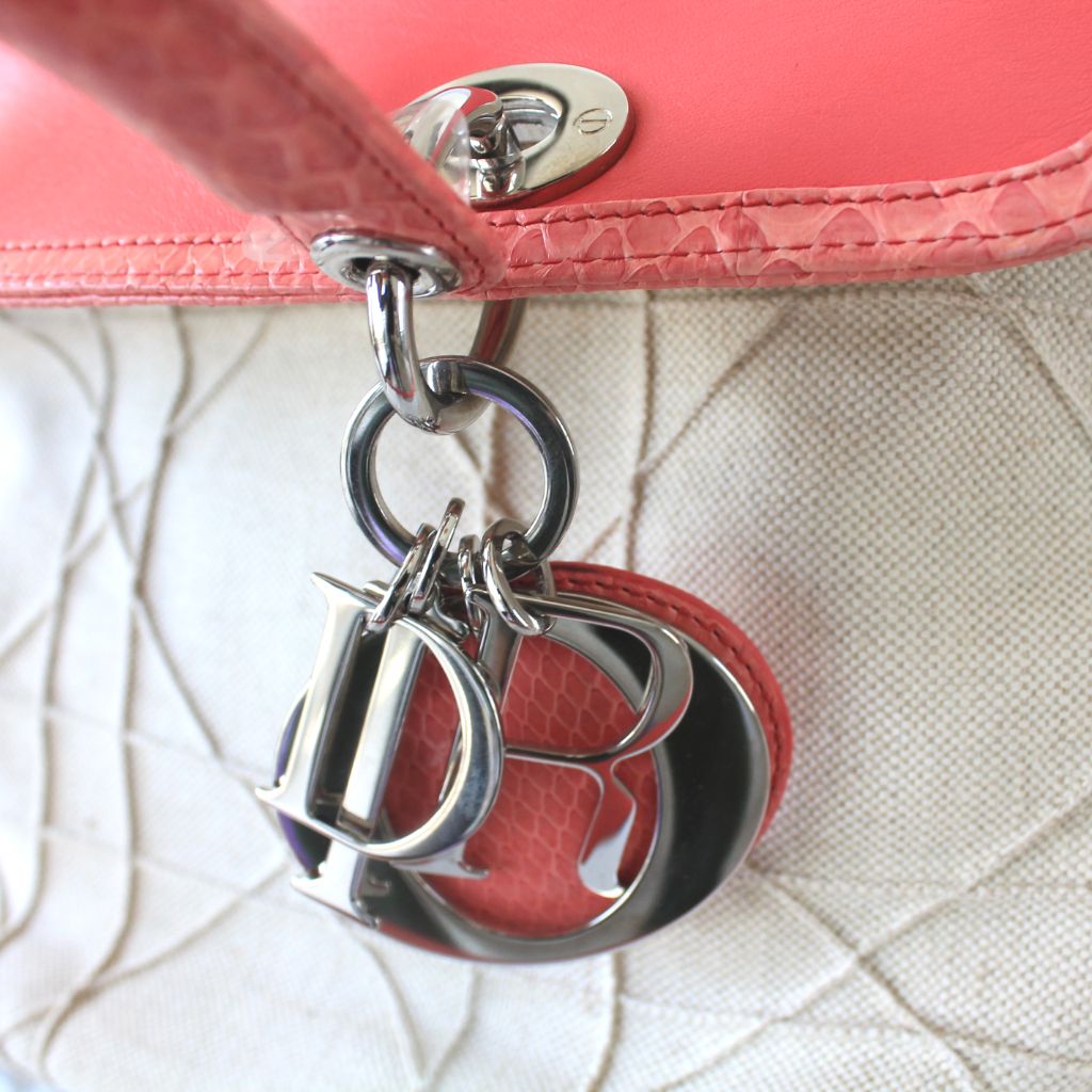 Christian Dior beige canvas with pink python leather trim,