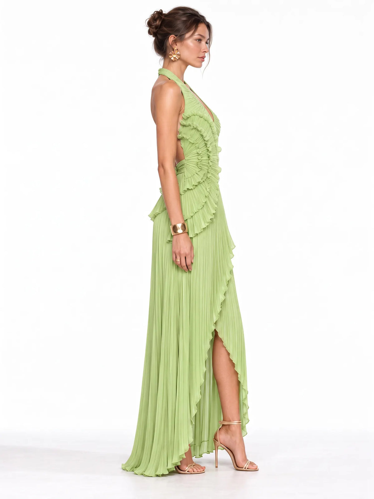 Adeline Pleated Ruffle Maxi Dress In Green