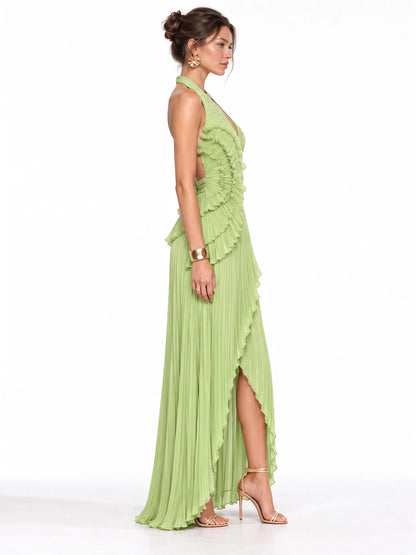 Adeline Pleated Ruffle Maxi Dress In Green