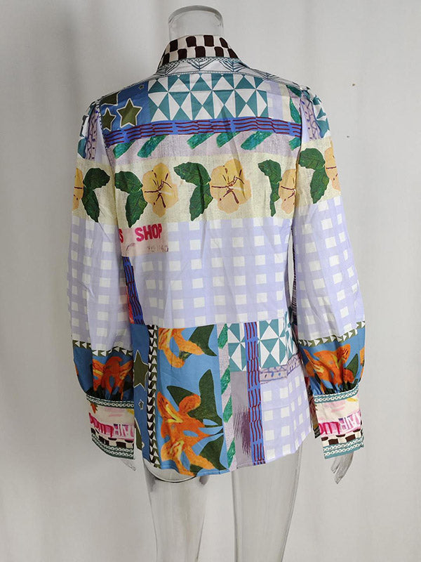 Loose Flower Painted Buttoned Puff Sleeves Lapel Collar Blouses