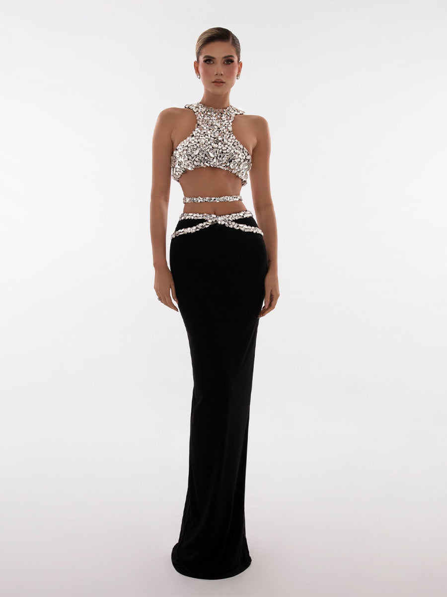 Isabella Elegant Crystal Crop Top Long Skirt