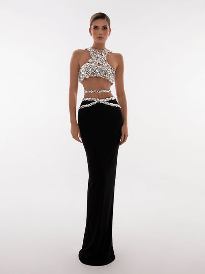 Isabella Elegant Crystal Crop Top Long Skirt