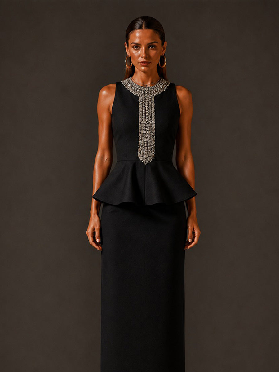 Mila Rhinestone-Embellished Ruffled Sleeveless Midi Dress