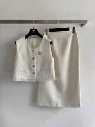 CC Vest & Line Skirt Set White Wool-Blend Tweed 352978