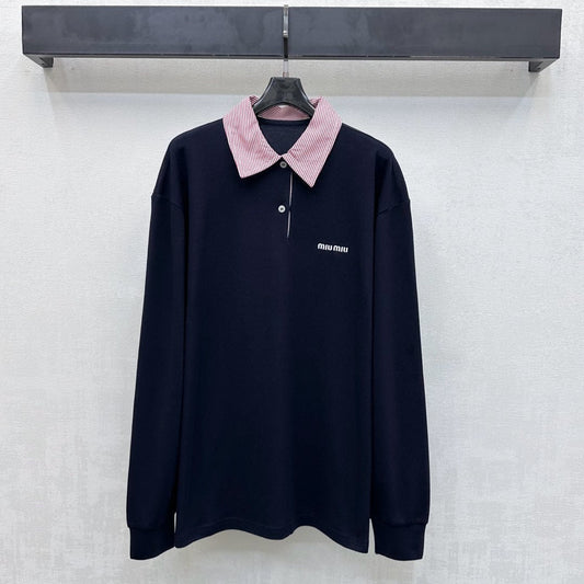 Miu SS26 Piqué Oversize Polo Shirt Navy Blue Cotton 350370