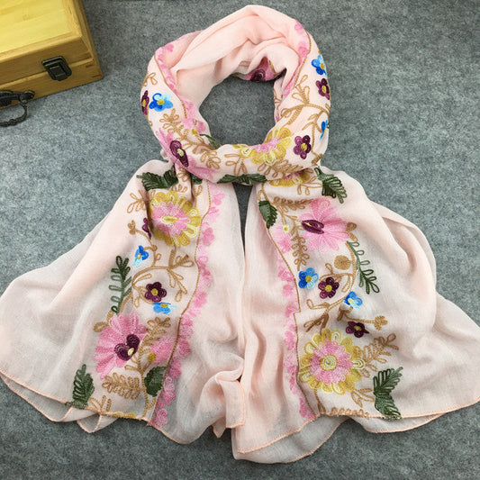 Embroidery Linen Flower Shawl Cotton And Linen Versatile Long Sunscreen Travel Scarf