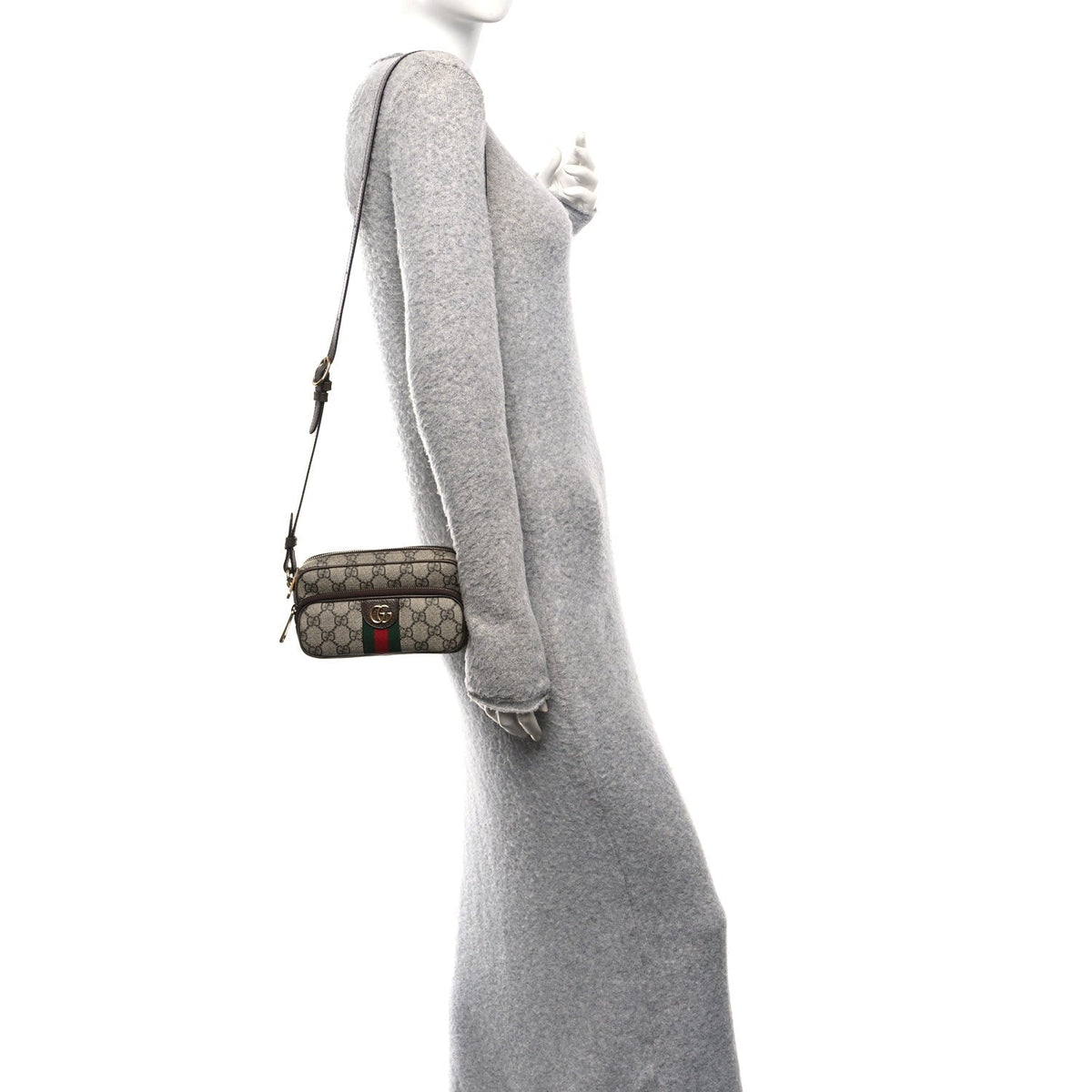 GG Supreme Monogram Textured Dollar Calfskin Web Mini Ophidia Convertible Shoulder Bag Beige Ebony New Acero
