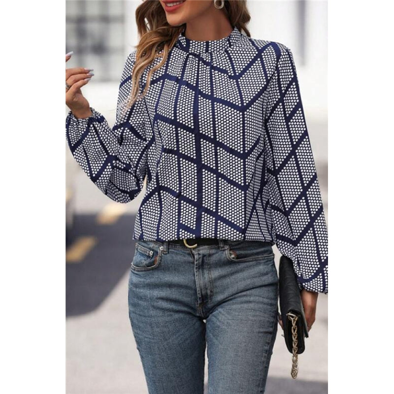 Long Sleeves Loose Elasticity Flower Print Pleated Mock Neck Blouses&Shirts Tops