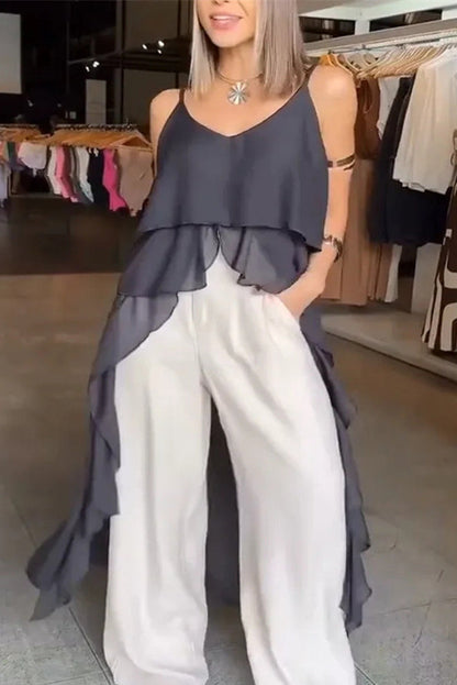 Solid Color V-neck Ruffled Irregular Loose Top