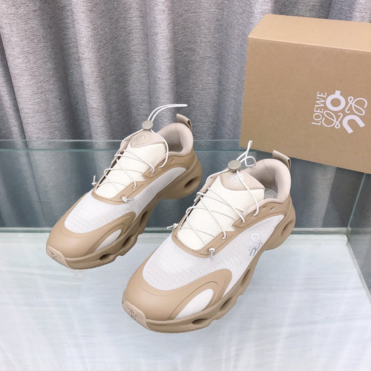 Loewe x on Angpao Couple Running Sneakers Light Brown White Nylon Calfskin 597425
