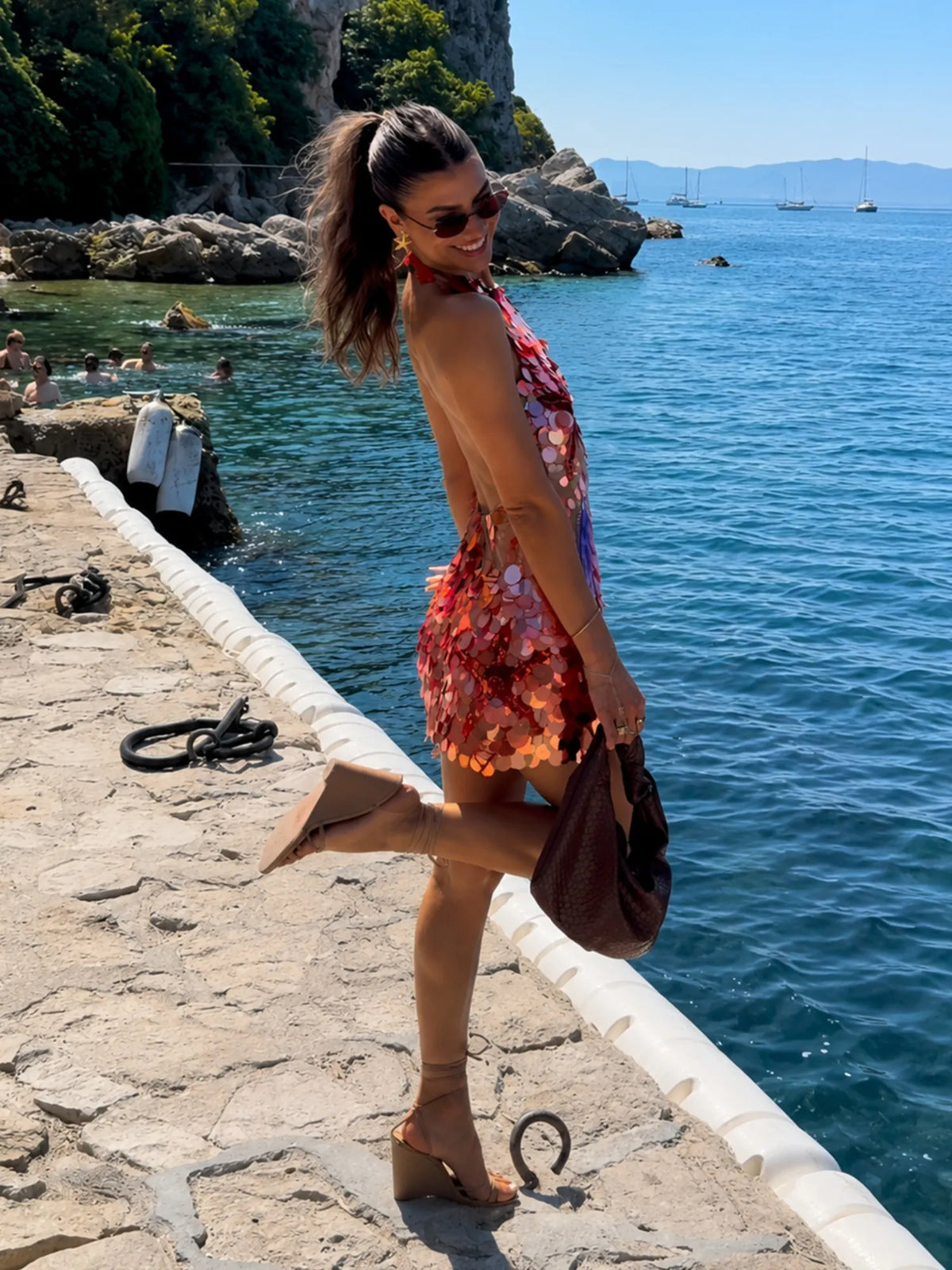 Maris Marine Sequin Mini Dress in Coral