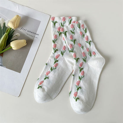 Rufia - Embossed Tulip Pattern Mid-Calf Socks