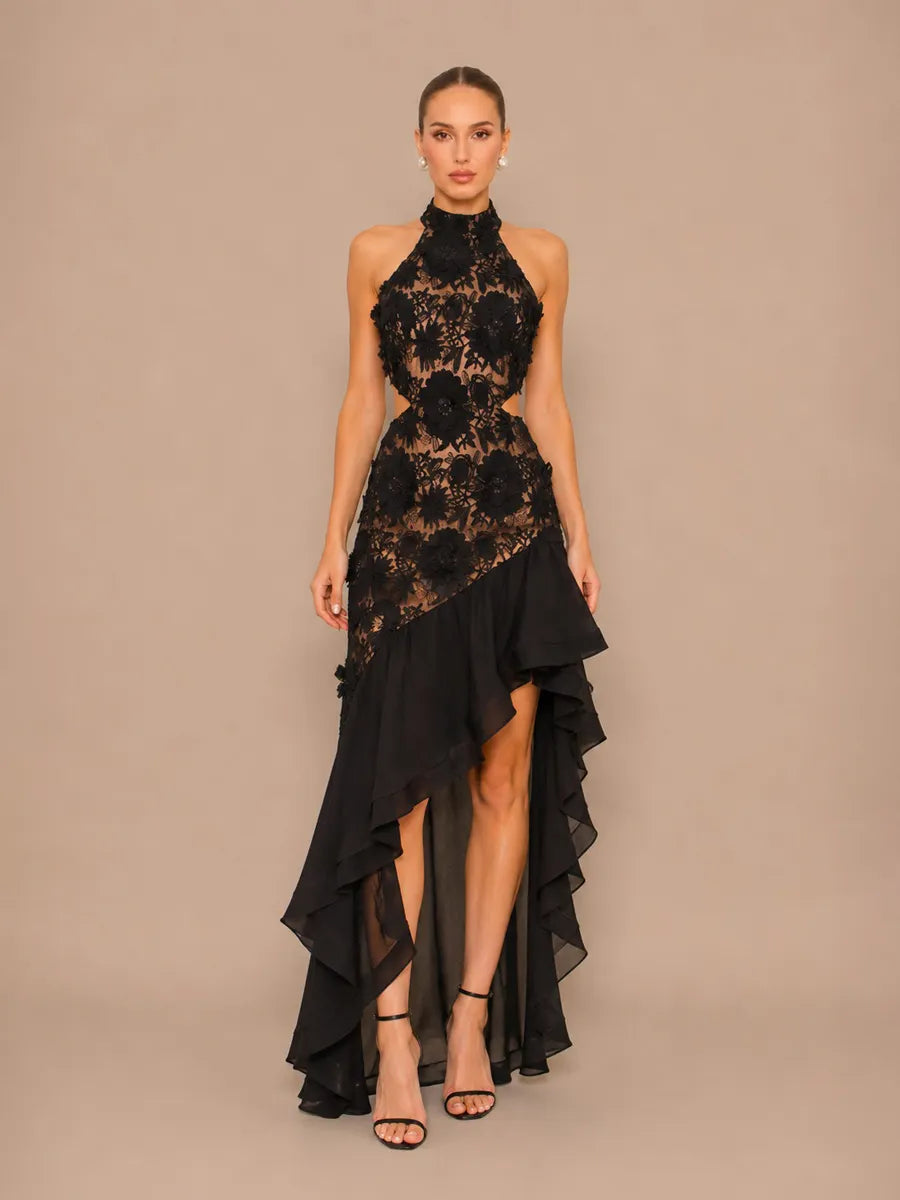 Inara Embroidered Appliqué Ruffled Maxi Dress