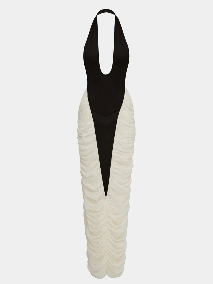 Mia Deep V-Neck Contrast Panel Evening Dress