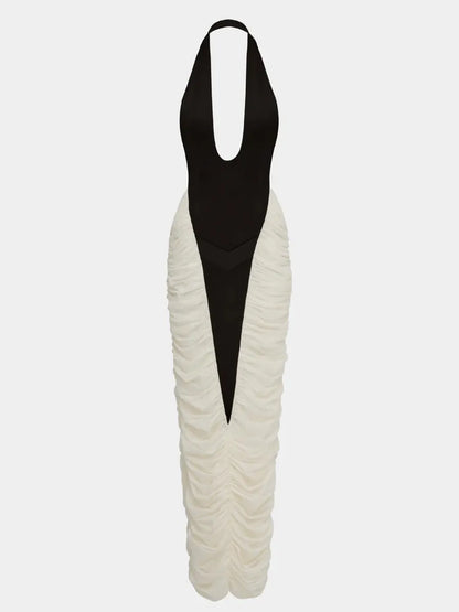 Mia Deep V-Neck Contrast Panel Evening Dress