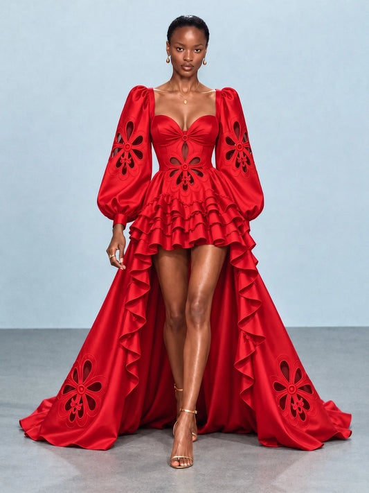 Maya Floral Cutout Detail Puff Sleeve Maxi Dress In Red