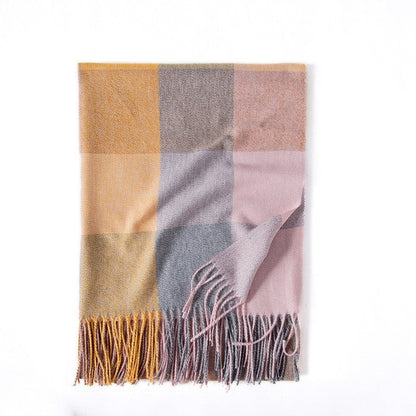 Color Block Plaid Fringe Scarf