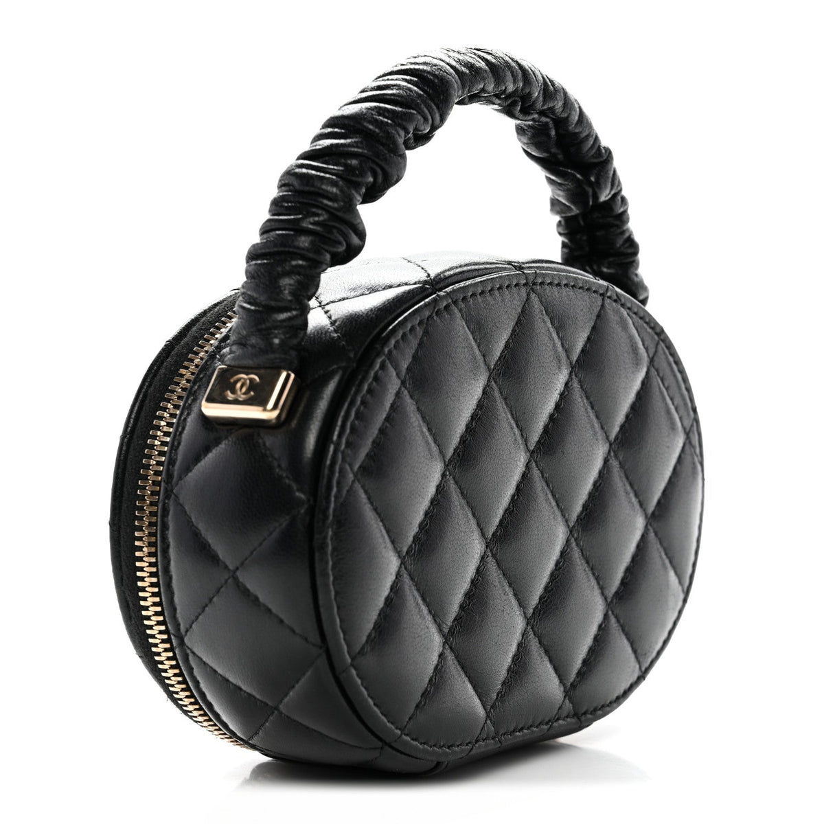 Lambskin Quilted Ruched Top Handle Vanity Case Black