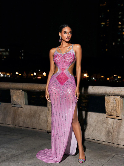 Grey Crystal Cutout Maxi Dress In Hot Pink