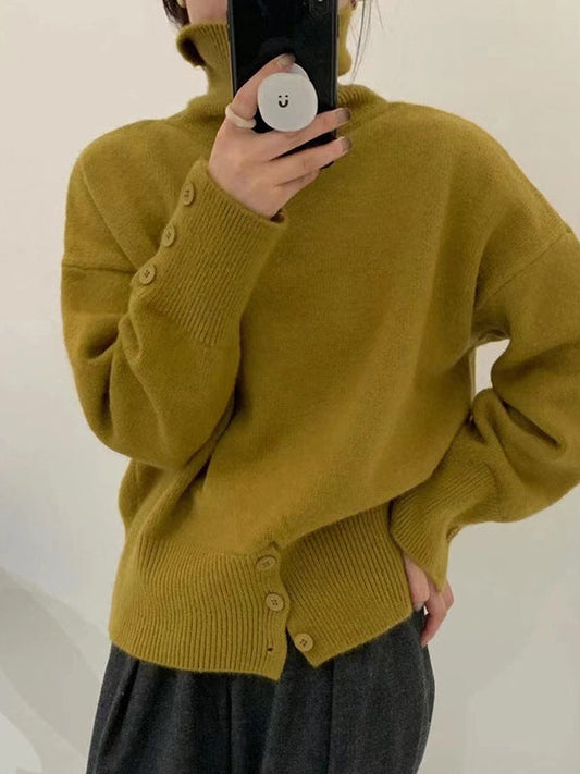 Simple Loose Long Sleeves Solid Color High-Neck Sweater Tops