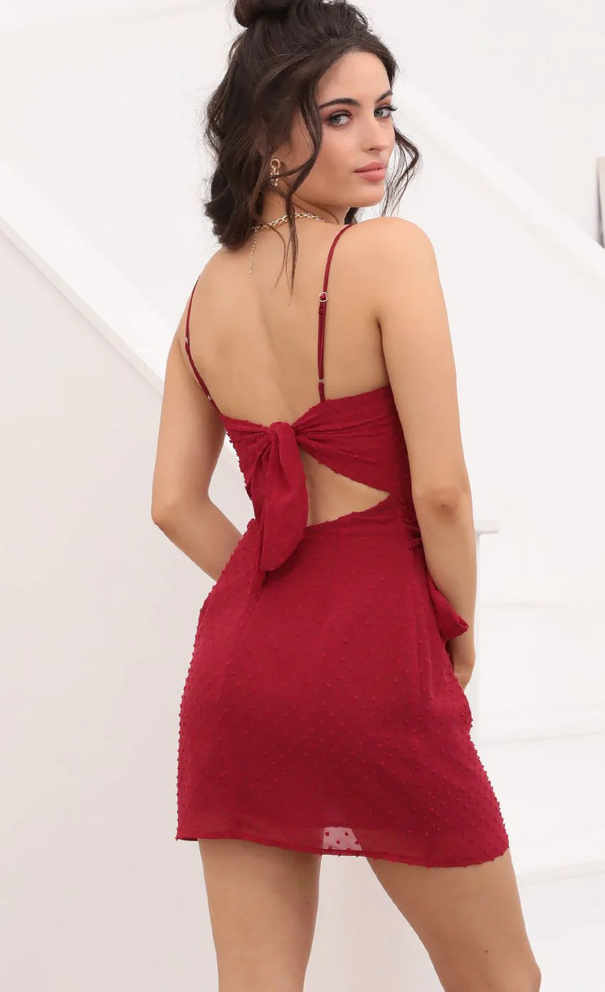 Double Tie Dotted Wrap Dress In Burgundy