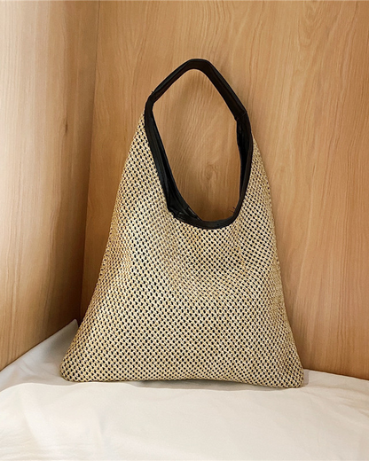 Woven Straw Beach Bag With Black Leather Trim