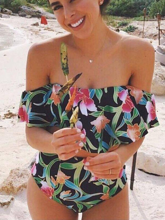 Strapless High Waist Floral Printed Off-The-Shoulder Ruffled Swimsuit-3