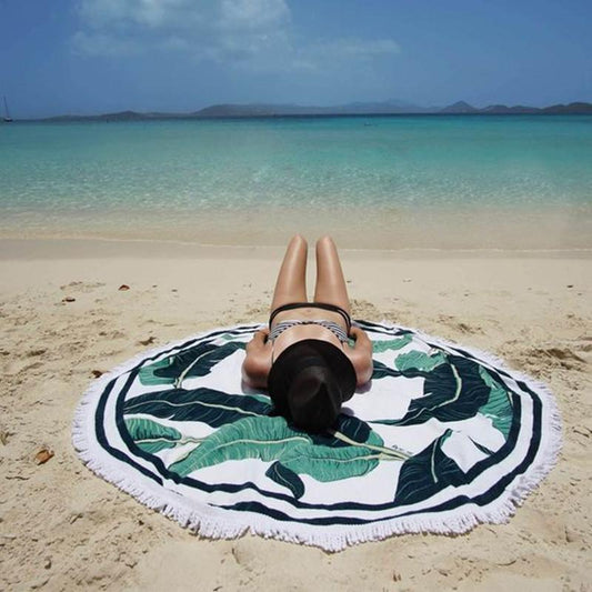 Hot Sale Green Leaves Printed Fringed Beach Towel Sun Shawl Variety Scarf Yoga Cushion Mat