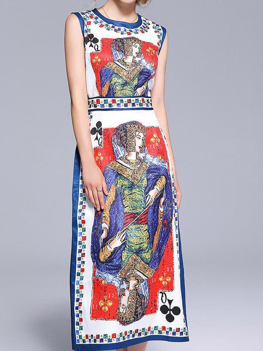 New Stylish Slim Fit Split Hem Poker Printing Vest Dress