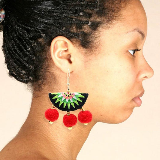 Women Earring Ball Earrings Short Statement Multi-Layer Big Velvet Fan-Type Earrings Fringe Jewelry Vintage Bohemia