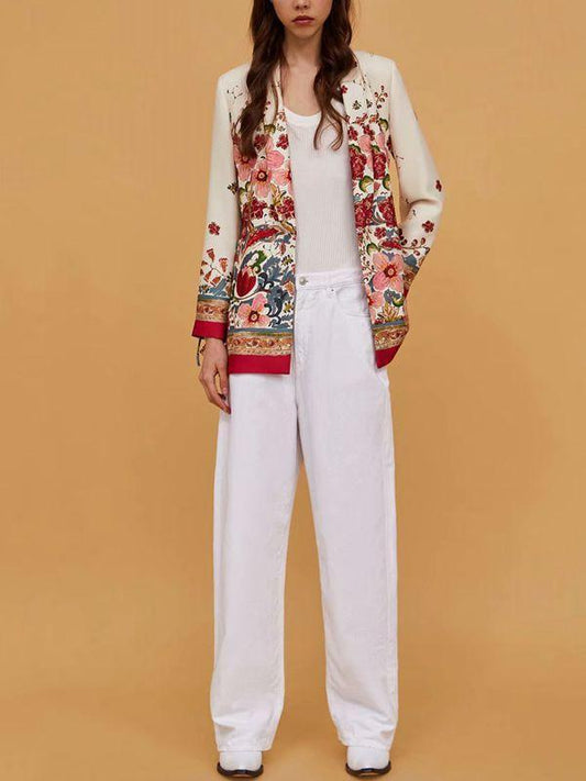 Summer Bohemia Fashion Belt Printing Long Sleeve Casual V-Neck Coat