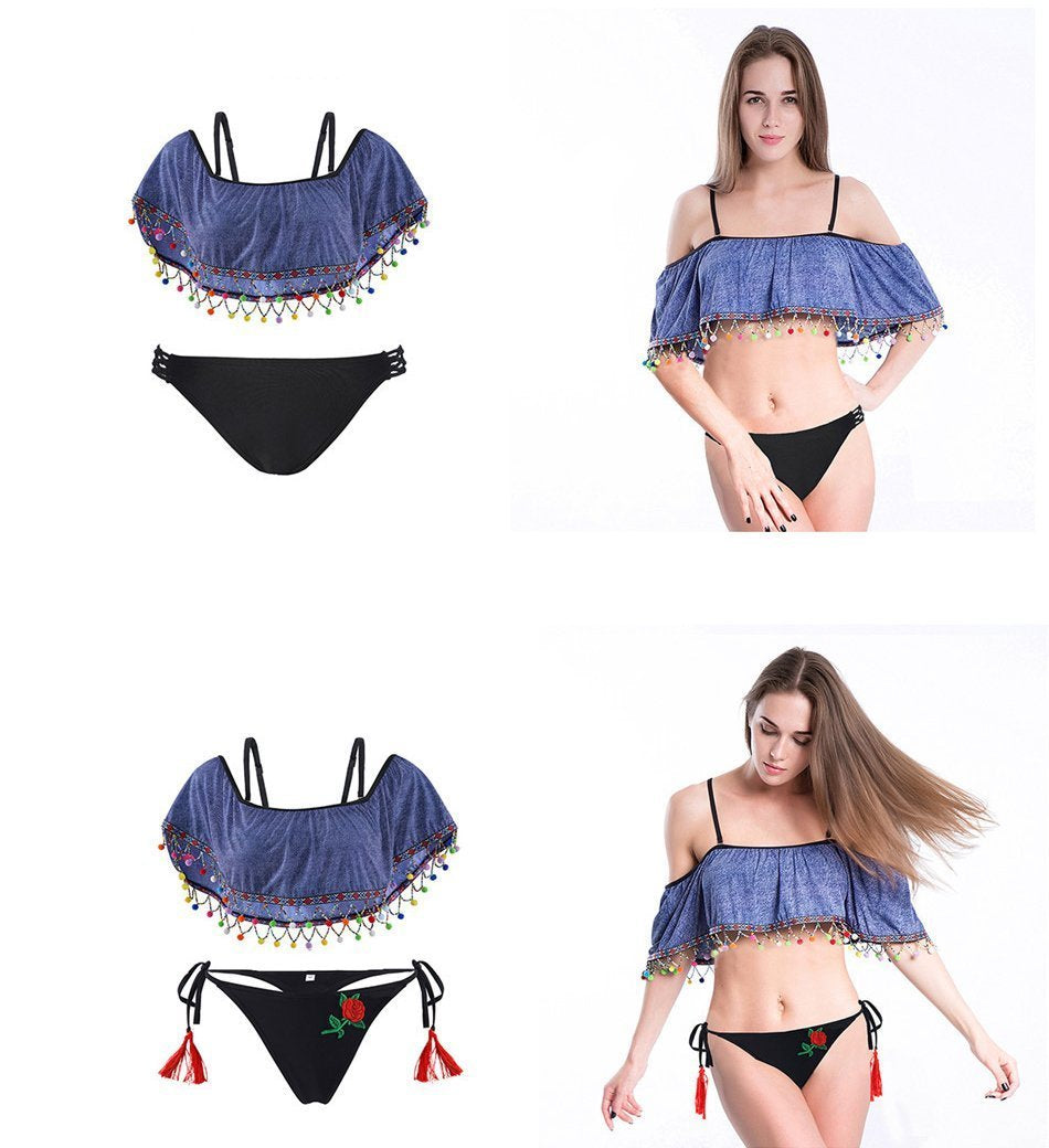 Denim Style Tassels Sexy Bikini Top