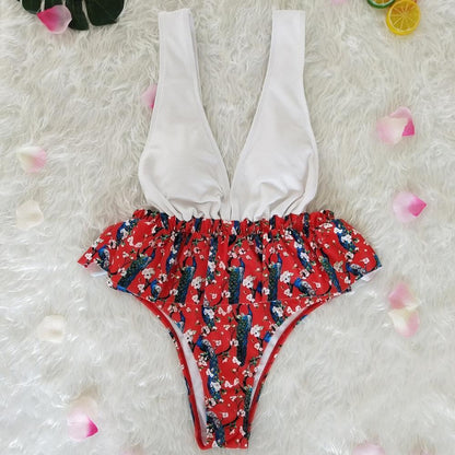 Ruffled Print V-Neck Bow Ins Style One Piece Swimsuit
