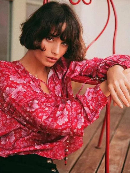 Boho Floral Long Sleeve V Neck Top Blouse
