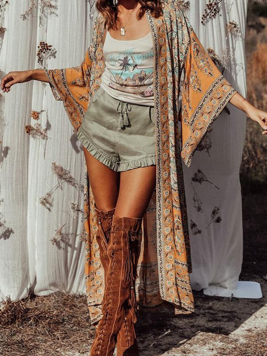 Bohemian Floral Print Women Long Sleeve Boho Cover-Up