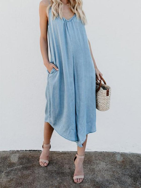 Casual Pockets Spaghetti Strap Backless V-Neck Plus Size Blue Wide Leg Jumpsuit