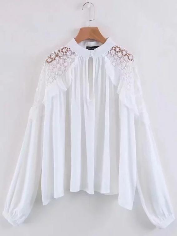 Human Cotton Crepe Lace Bohemian Retro Stitching Openwork Pullover Loose Blouse
