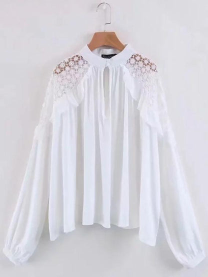 Human Cotton Crepe Lace Bohemian Retro Stitching Openwork Pullover Loose Blouse
