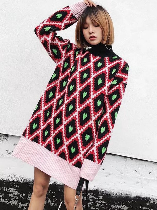 Fashion European And American Style High Collar Embroidery Contrast Color Love Geometry Pullover Sweater Top