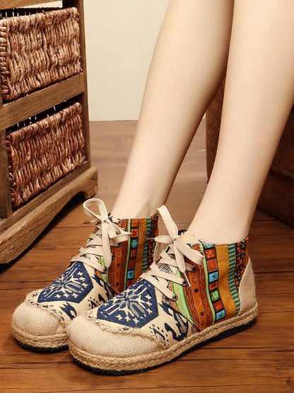 Vintage Boho Folk Pattern Lace-Up Flat Canvas Shoes