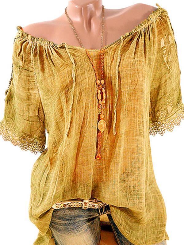 Solid Color Off Shoulder Ruffle Short Sleeve Blouse Tops
